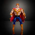 Front view of Bow action figure from Masters of the Universe Origins, showing tan plastic skin tone, gold chest armor with heart emblem, blue pants, red textured cape, and confident standing pose on a dark studio backdrop.