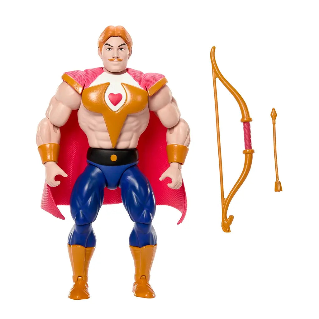 Bow action figure with included accessories, displaying tan and gold plastic hero figure alongside gold bow and arrow pieces, arranged neatly to highlight play features against a bright white background.