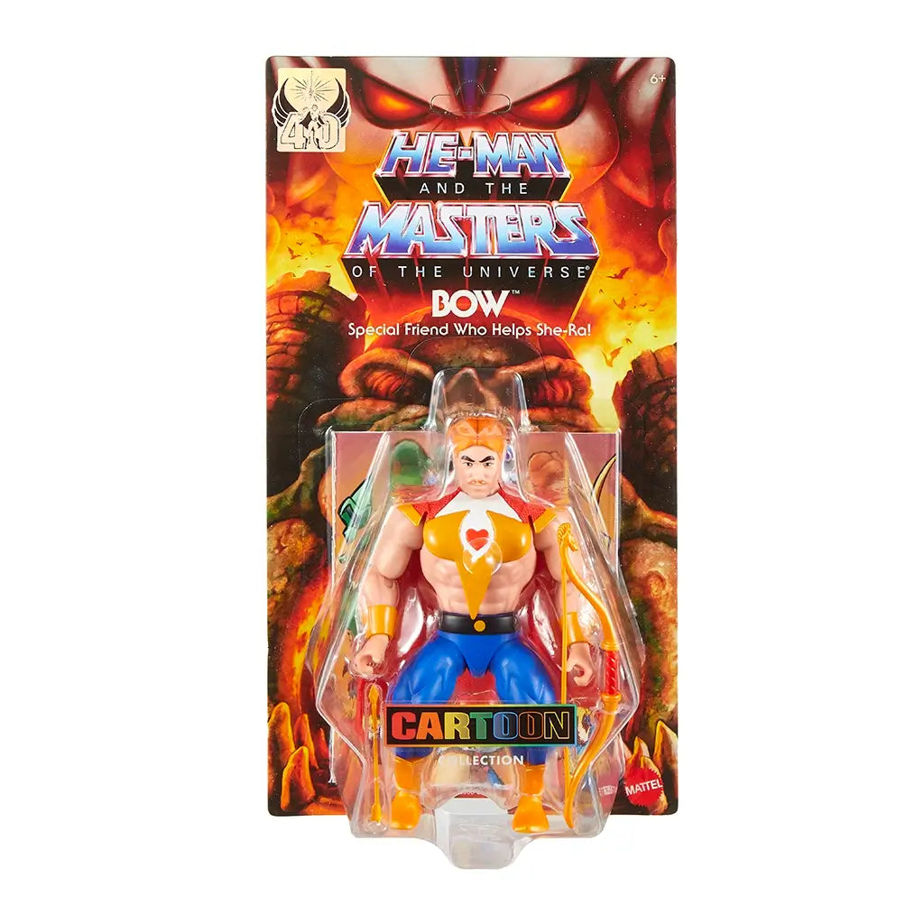 Front view of Bow retail packaging from Masters of the Universe Origins, featuring the action figure in blister pack, bold fantasy artwork, clear character labeling, and Cartoon Collection logo on the card front.