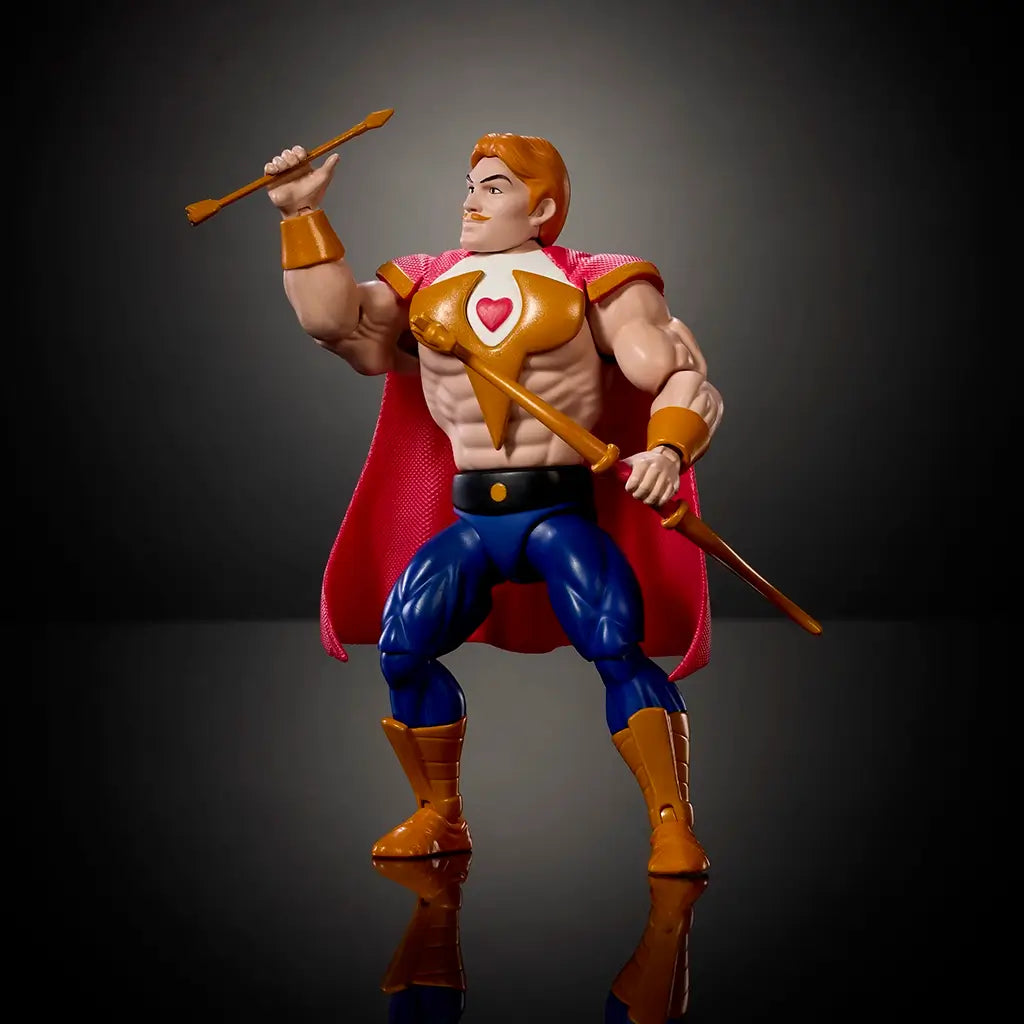 Poseable Bow action figure from Masters of the Universe Origins, featuring tan plastic skin, gold armor accents, red fabric cape, articulated limbs, holding bow and arrow in a dynamic action stance on a dark studio background.