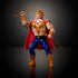 Poseable Bow action figure from Masters of the Universe Origins, featuring tan plastic skin, gold armor accents, red fabric cape, articulated limbs, holding bow and arrow in a dynamic action stance on a dark studio background.