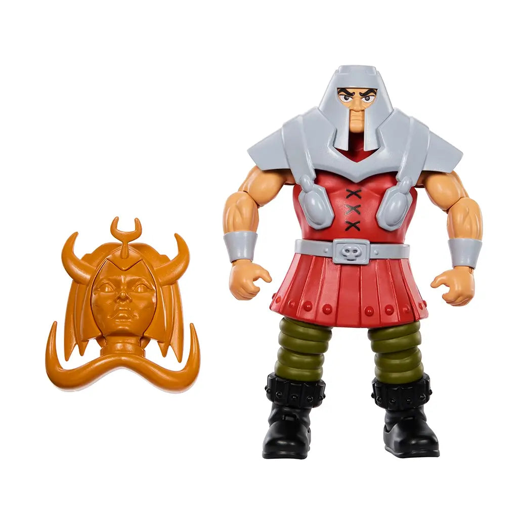 Masters of the Universe Ram Man figure with silver helmet, red tunic, and green pants, shown with removable gold horned mask accessory against white background.