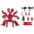 Masters of the Universe Modulok action figure sits with included accessories, showing glossy red modular body parts, black weapons, green tail piece, and interchangeable segments arranged neatly on a white background.