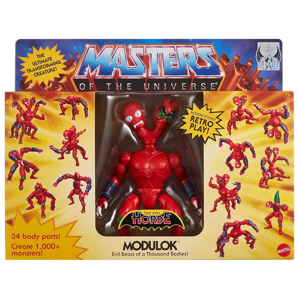 Masters of the Universe Modulok figure appears in bright retro packaging, displaying the red multi-limbed creature inside a window box surrounded by illustrated poses and bold Horde branding for collectible presentation.