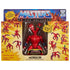 Masters of the Universe Modulok figure appears in bright retro packaging, displaying the red multi-limbed creature inside a window box surrounded by illustrated poses and bold Horde branding for collectible presentation.