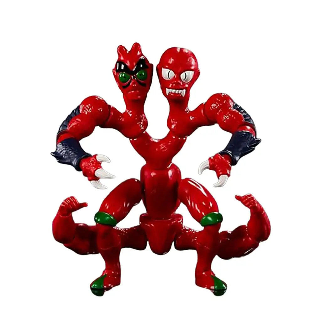 Masters of the Universe Modulok action figure features glossy red plastic, two expressive heads, multiple articulated limbs, and dark clawed arm details, posed upright on a clean white background for retro-style display.