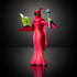 Shadow Weaver collectible figure in angled view, showing red molded plastic robe, curved cape texture, elongated silhouette, holding a gray staff and green spell book, posed dramatically on a dark gradient studio backdrop.