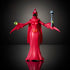 Front view of Shadow Weaver action figure from Masters of the Universe Origins, featuring red plastic hooded gown, smooth sculpted chest and cape, symmetrical stance, holding staff, photographed on a dark reflective surface.