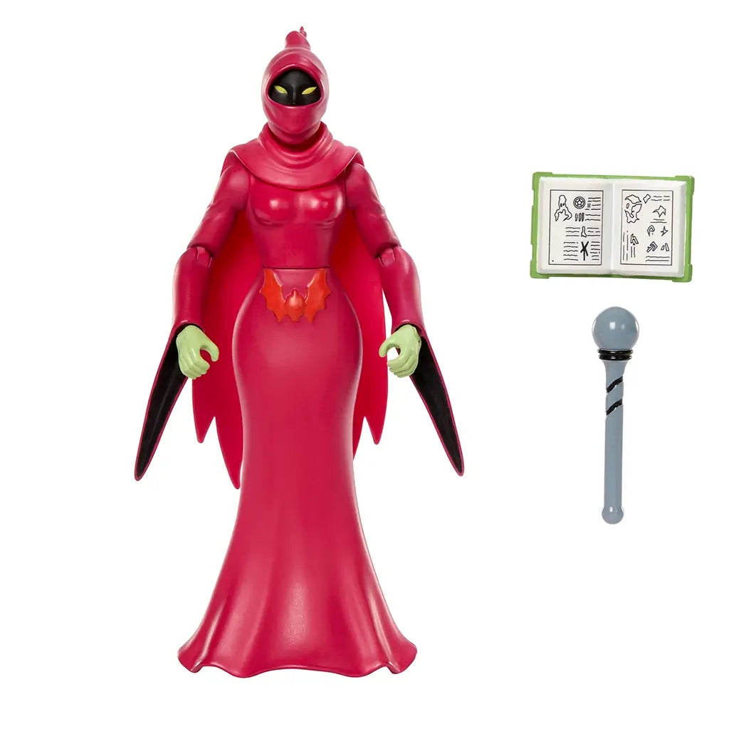 Shadow Weaver figure with included accessories, showing red plastic robed character alongside gray staff and green spell book, all arranged neatly to display play features on a bright white background.
