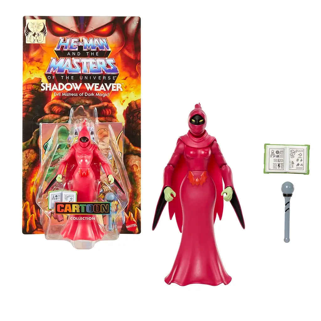 Packaged Shadow Weaver action figure from He-Man and the Masters of the Universe Origins, featuring red-robed character sealed in clear blister, fiery illustrated card back, retail packaging displayed front-facing.