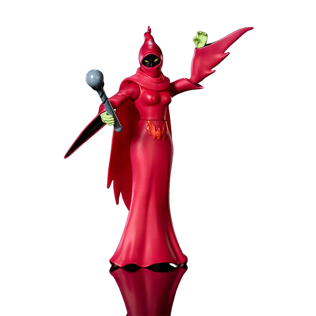 Masters of the Universe Origins Shadow Weaver action figure with glossy red plastic robe, sculpted hood and cape, slender form, magic staff accessory raised in hand, displayed on a clean white product background.