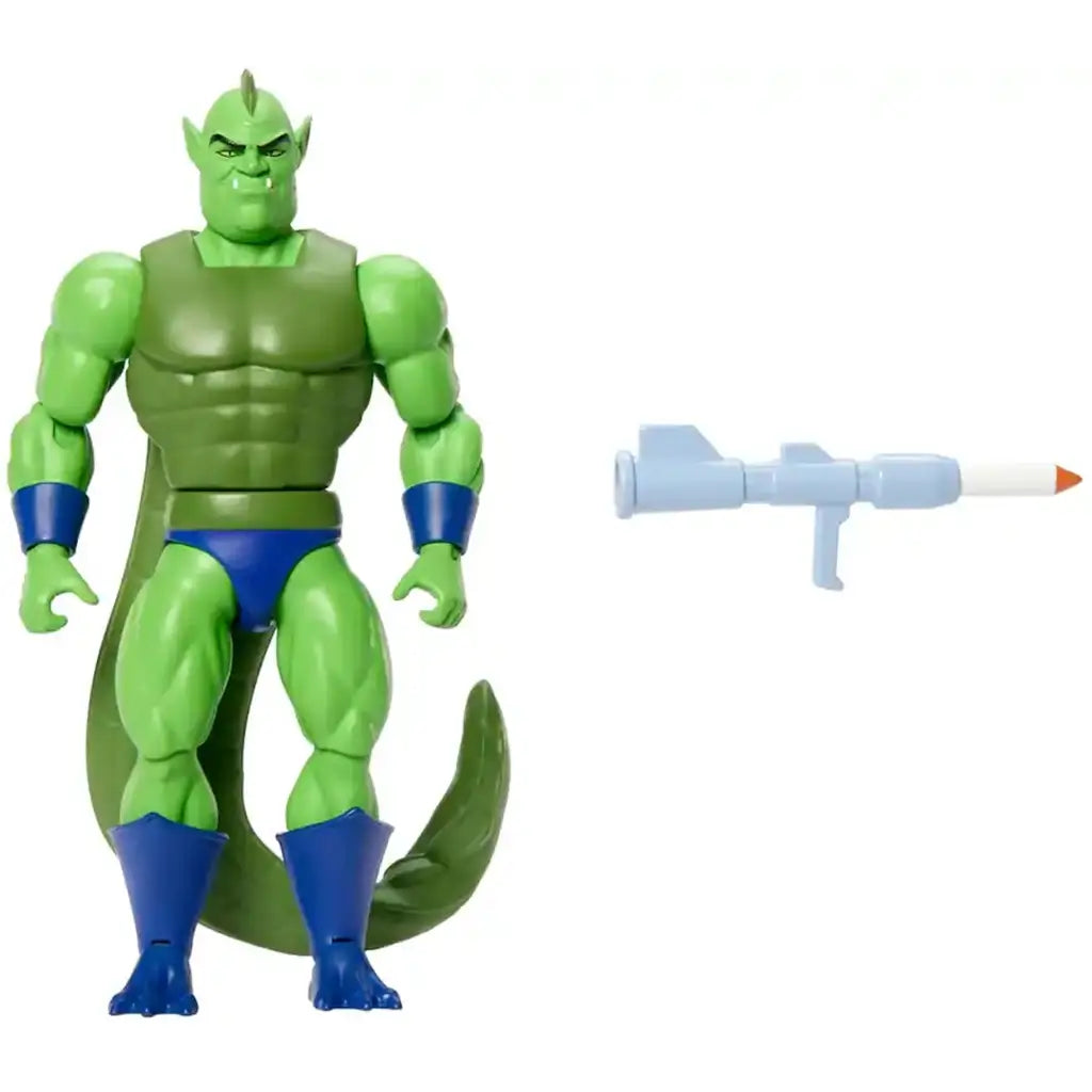 Whiplash action figure with included accessory, displaying green reptilian character alongside gray blaster weapon, arranged neatly to highlight articulation and play features against a bright white background.