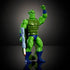 Poseable Whiplash action figure from Masters of the Universe Origins, featuring green plastic body, long segmented tail, blue armor accents, articulated limbs, and raised arm pose on a dark reflective studio surface.