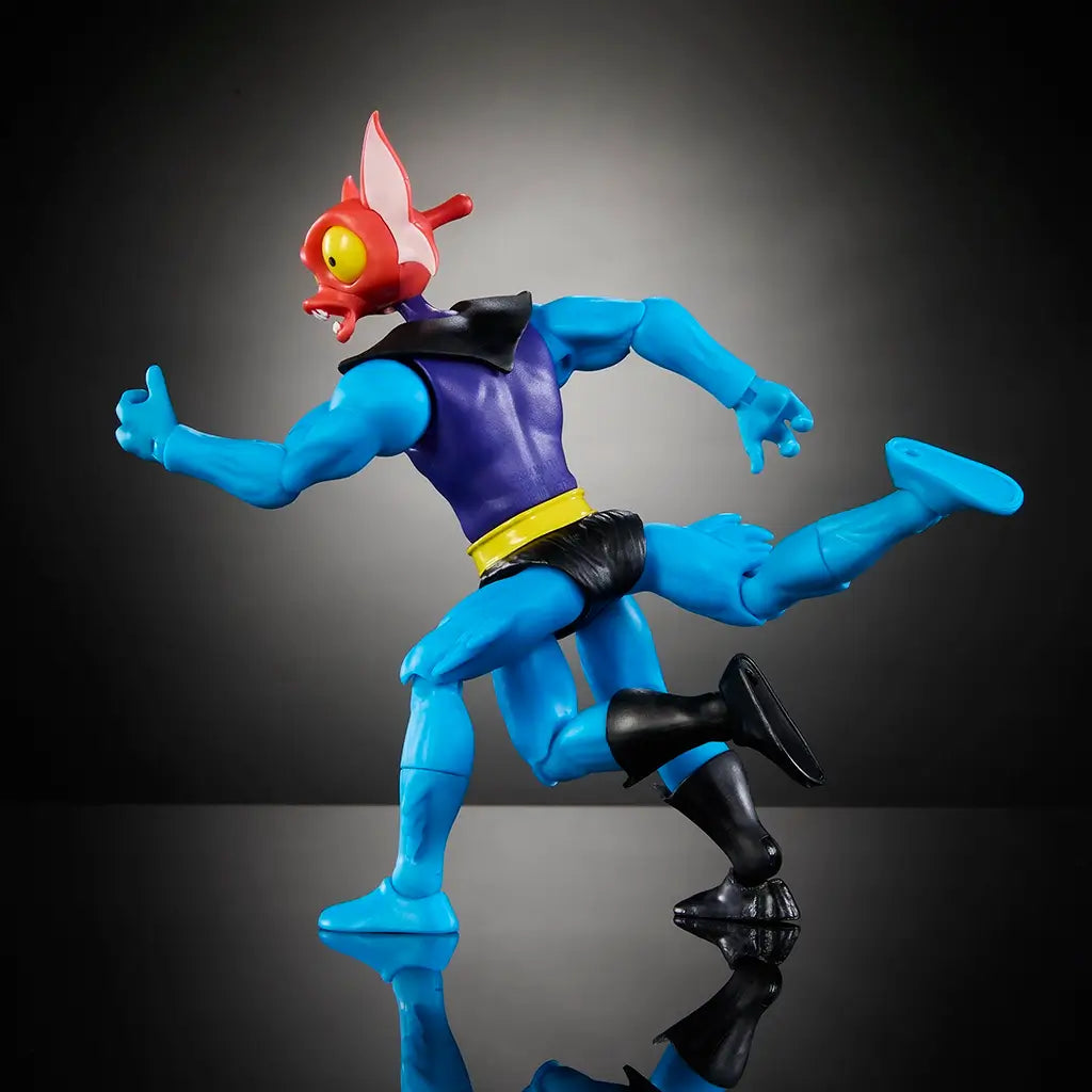 Back view of Mantenna action figure with blue limbs, black boots, red head, and protruding yellow eyes, posed mid-run on reflective black surface.