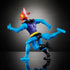 Back view of Mantenna action figure with blue limbs, black boots, red head, and protruding yellow eyes, posed mid-run on reflective black surface.