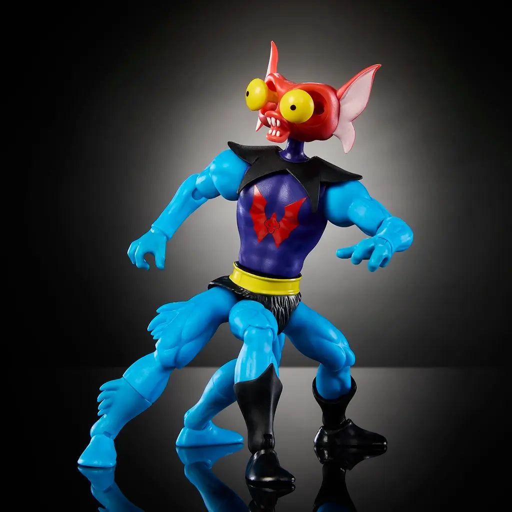 Blue four-legged Mantenna action figure with red head, yellow eyes, and black boots, shown in running pose on reflective black surface with dramatic lighting.