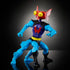 Blue four-legged Mantenna action figure with red head, yellow eyes, and black boots, shown in running pose on reflective black surface with dramatic lighting.