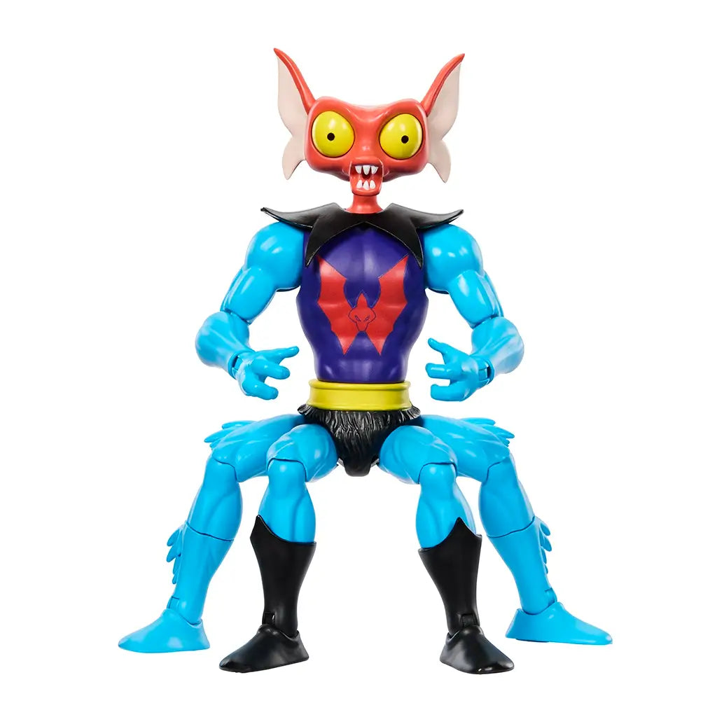 Masters of the Universe Mantenna action figure featuring blue limbs, red head with large ears, yellow eyes, and Horde emblem on chest, standing upright against white background.