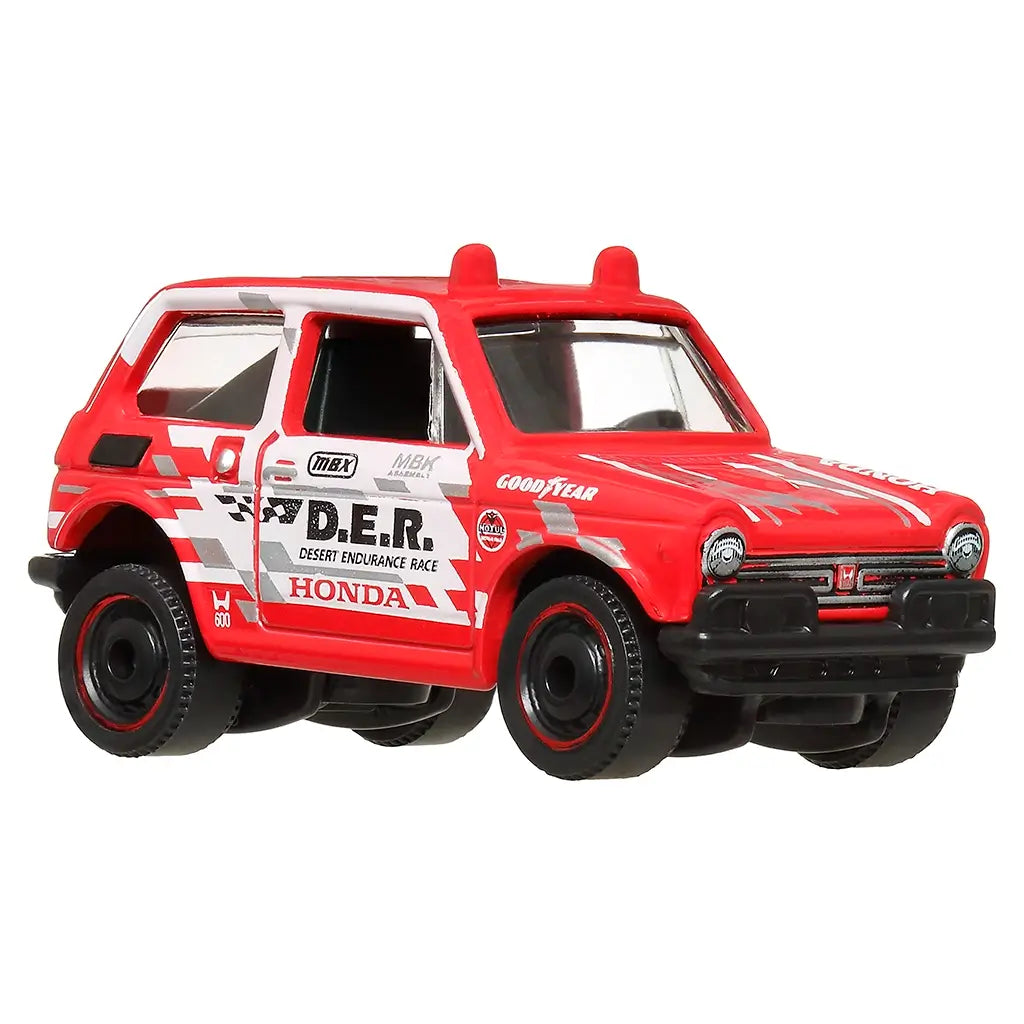 Red and white die-cast Honda N600 off-road toy car with racing decals, black bumpers, and Goodyear branding, designed for collectors in 1:64 scale.
