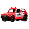 Front angled view of red and white Matchbox Honda N600 off-road die-cast car, featuring rally decals, rugged tires, and realistic headlights for collectors and enthusiasts.