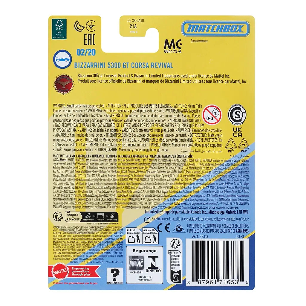 Back of Matchbox Collectors Bizzarrini 5300 GT Corsa Revival packaging, yellow card with licensed branding, multilingual safety warnings, recycling icons, and product details.