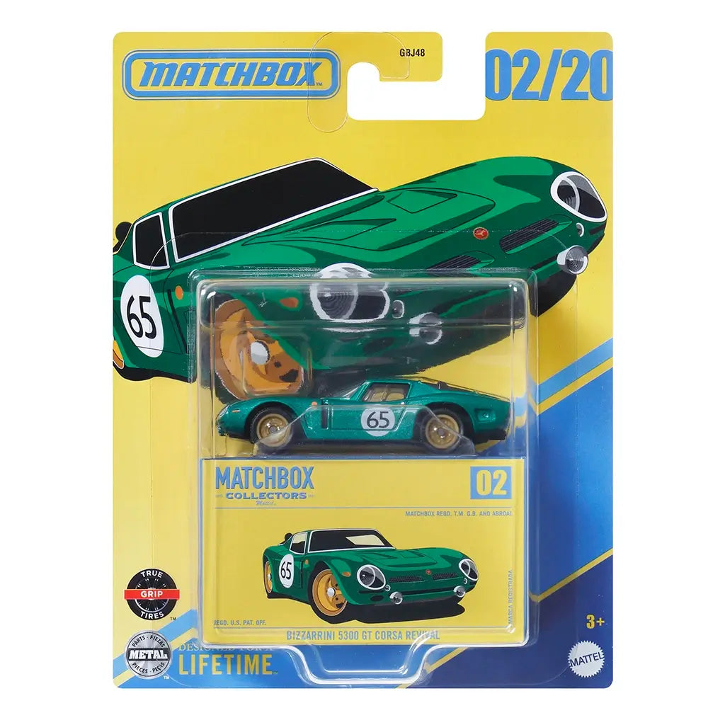 Matchbox Collectors Bizzarrini 5300 GT Corsa Revival die-cast car in metallic green with race number 65, sealed in yellow card package featuring bold illustration and display window.