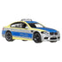 Matchbox BMW M5 Police diecast car in 1:64 scale, silver with blue and yellow Polizei livery, black wheels, and rooftop light bar, shown angled on white background.
