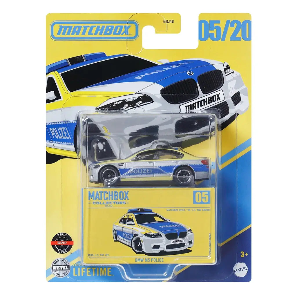Front retail packaging of Matchbox BMW M5 Police 1:64 scale car featuring clear blister pack, illustrated police car graphic, and collector’s series branding number 05/20.