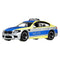 Matchbox BMW M5 Police toy car in 1:64 scale, silver body with blue hood, yellow trim, black wheels, and Polizei markings, displayed on plain white background.
