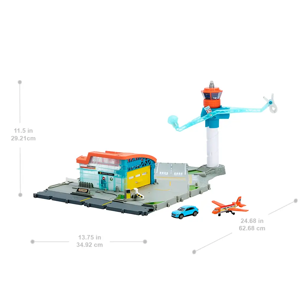 Matchbox Airport Takeoff Adventure playset dimensions shown, measuring about 24.68 inches long, 13.75 inches wide, and 11.5 inches tall, with included car and airplane.