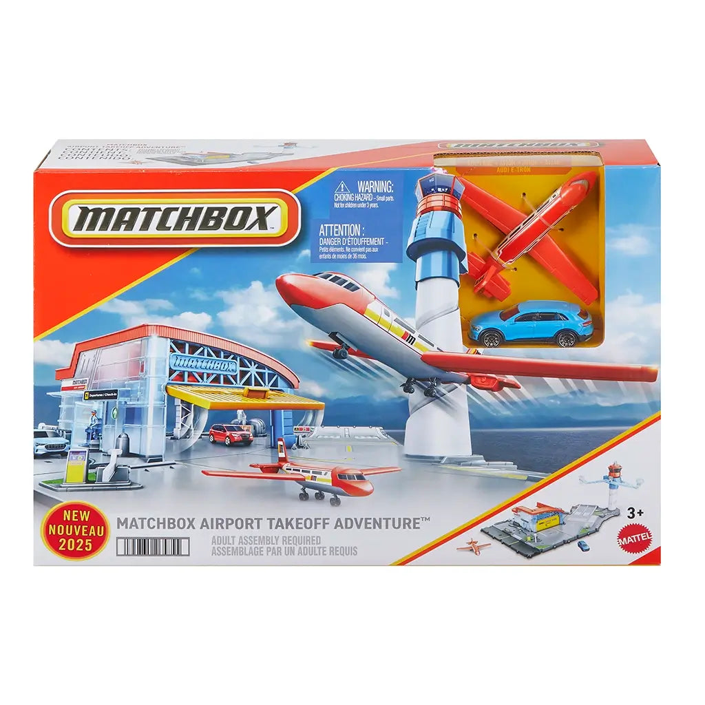 Retail packaging for Matchbox Airport Takeoff Adventure playset featuring a large illustrated airport scene with control tower, runway, cars, planes, and Matchbox branding.