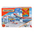 Retail packaging for Matchbox Airport Takeoff Adventure playset featuring a large illustrated airport scene with control tower, runway, cars, planes, and Matchbox branding.