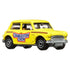 Diecast Matchbox Austin Mini Cooper toy car in yellow with Charleston Chew logo, brown side stripe, detailed silver grille and bumpers, shown from angled front side.
