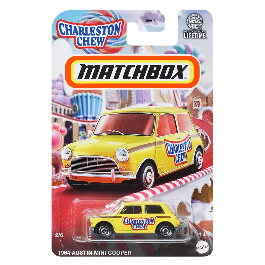 Matchbox 1964 Austin Mini Cooper toy in yellow with “Charleston Chew” branding, packaged on candy-themed card with colorful sweets and labeled as part of the Candy Collection.