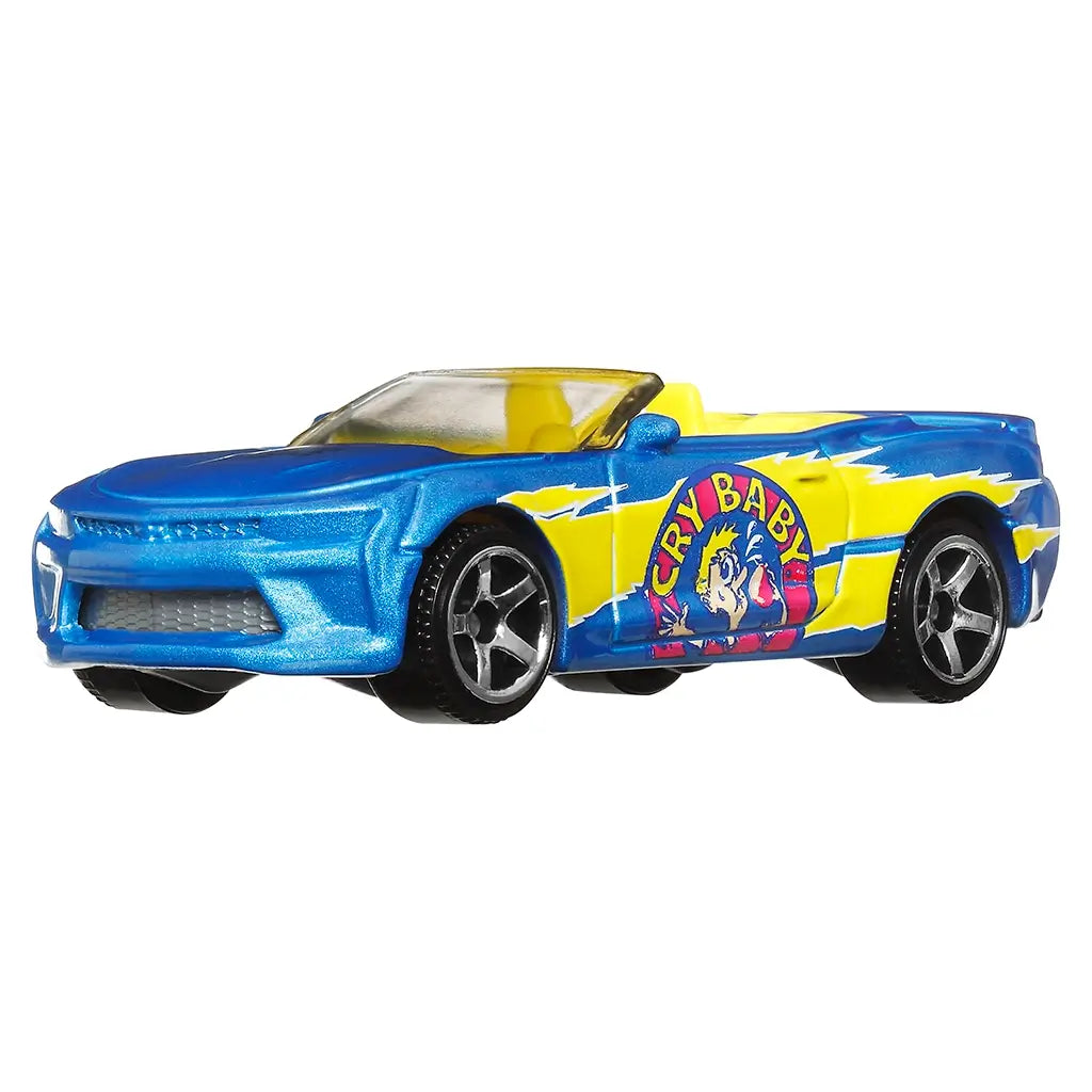 Blue and yellow Matchbox 2016 Chevy Camaro convertible die-cast car with Cry Baby candy logo on the doors, detailed silver wheels, and yellow interior shown at an angle.