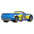 Rear angled view of Matchbox 2016 Chevy Camaro convertible in metallic blue and yellow, featuring Cry Baby candy branding, chrome details, and sporty convertible design.