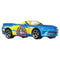 Side view of Matchbox 2016 Chevy Camaro convertible toy car painted in metallic blue and yellow with Cry Baby candy artwork, black tires, and silver rims for collectors.
