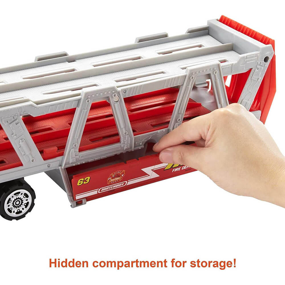 Matchbox Fire Rescue Hauler Playset hidden stoarge compartment