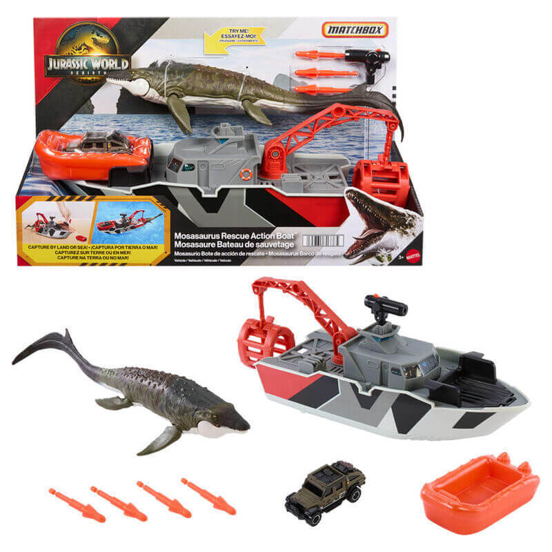Matchbox Jurassic World Mosasaurus Rescue Action Boat Playset