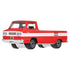 Close-up angled view of red and white Matchbox 1961 Chevy Corvair Rampside Pickup toy truck with functional opening ramp on the side, detailed chrome grille, and black wheels.