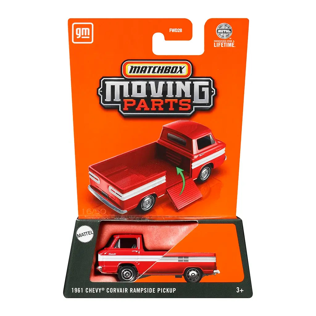 Bright orange Matchbox Moving Parts front packaging with GM logo, showcasing red 1961 Chevy Corvair Rampside Pickup diecast truck with opening ramp feature for collectors and kids.