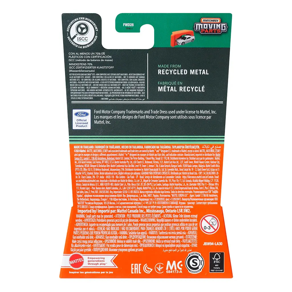 Back of Matchbox Moving Parts 1978 Ford Bronco toy packaging, with orange and black design, multilingual text, recycling details, and official Ford licensed product logos.