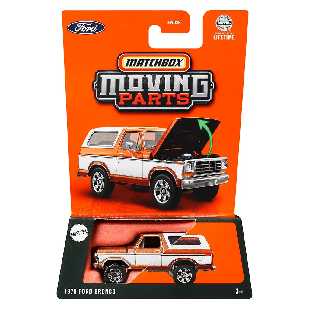 Retail package of Matchbox Moving Parts 1978 Ford Bronco toy car, featuring bright orange card backing, brand logos, and blister pack displaying orange and white SUV model.