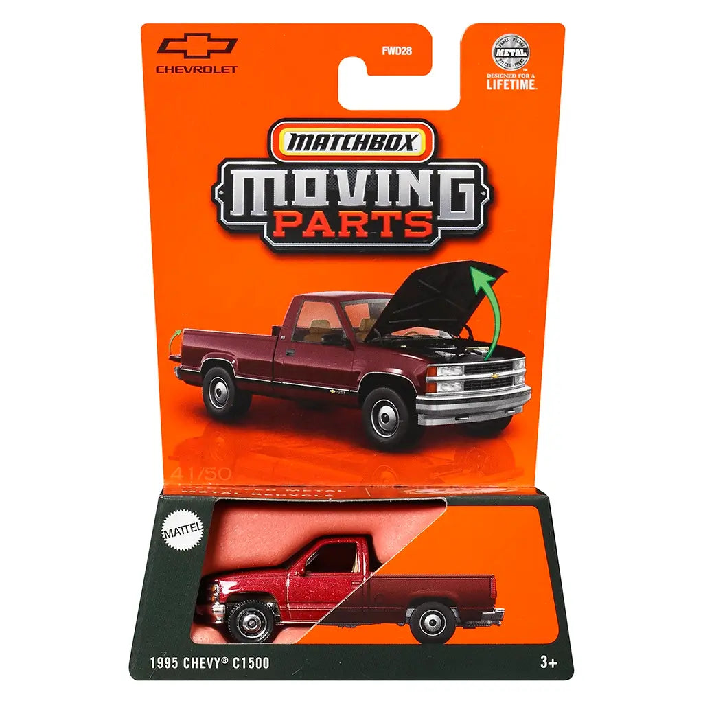Front packaging of Matchbox Moving Parts 1995 Chevy C1500 in 1:64 scale, featuring red pickup with opening hood inside clear display window against bright orange backing card.