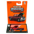 Front packaging of Matchbox Moving Parts 1995 Chevy C1500 in 1:64 scale, featuring red pickup with opening hood inside clear display window against bright orange backing card.