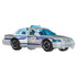 Side angled view of Matchbox silver Ford Crown Victoria toy car with opening front door, blue interior windows, security graphics, SKY series badge, and molded police-style details.