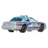 Rear angled view of Matchbox Ford Crown Victoria security car toy in silver with blue accents, showcasing tail lights, security decals, detailed trunk lines, and black wheels.
