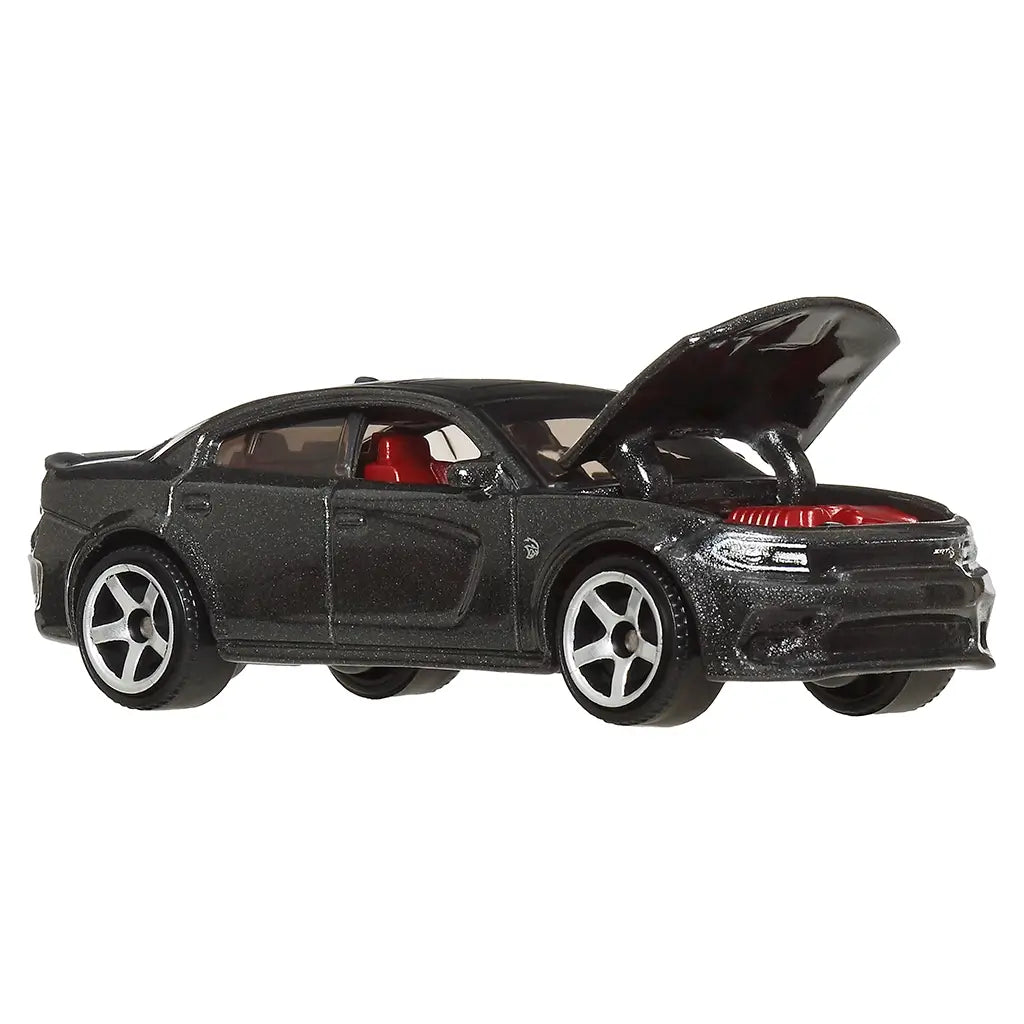 Matchbox 1:64 scale 2020 Dodge Charger SRT Hellcat toy in black with metallic finish, red interior, silver rims, and an opening hood revealing engine details.
