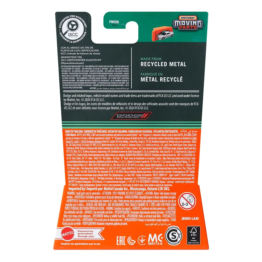 Back of Matchbox Moving Parts 2020 Dodge Charger SRT Hellcat package, showing product details, sustainability notes about recycled metal, licensing information, and safety warnings.