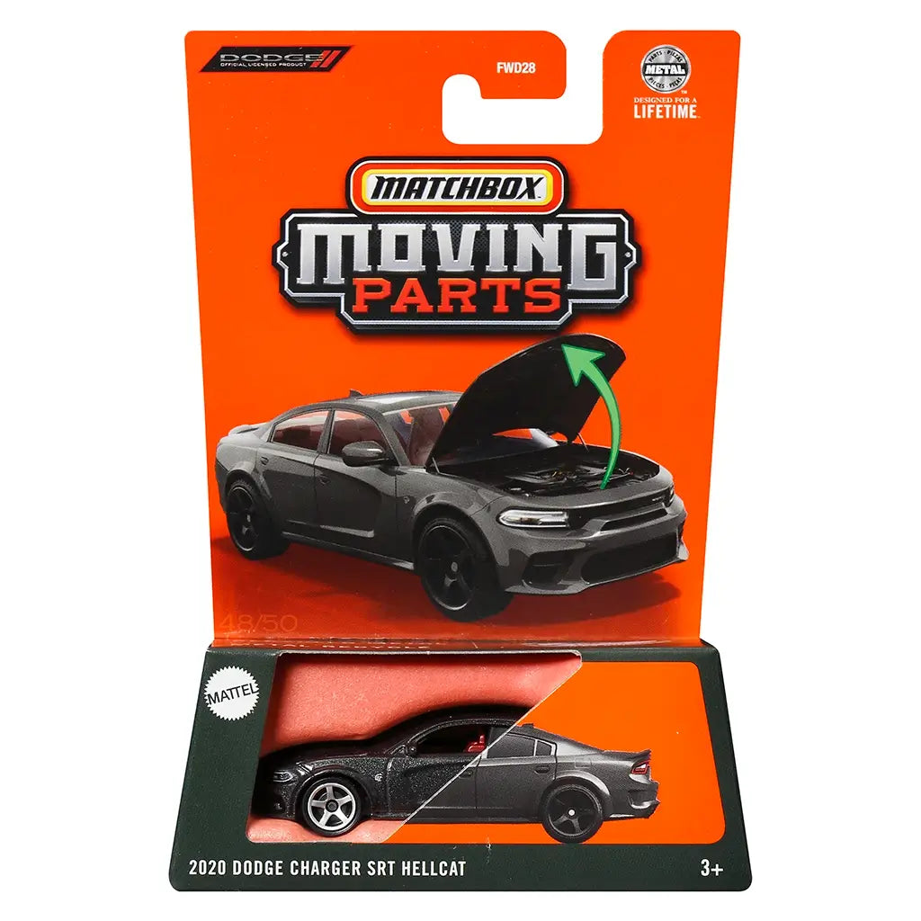 Retail packaging of Matchbox Moving Parts 2020 Dodge Charger SRT Hellcat die-cast toy in black with opening hood, displayed in orange-backed blister card with vehicle artwork.